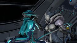 3d alternate_costume from_behind futa_on_female futanari intersex masturbation mesa_(warframe) saryn_(warframe) source_filmmaker tail_grab tail_pull valkyr_(warframe) valkyr_gersemi_(warframe) voyeurism warframe