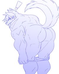 anthro ass clothed clothing looking_at_viewer maiofu male male_only mammal muscular pants_down partially_clothed presenting presenting_hindquarters rear_view simple_background solo underwear undressing white_background