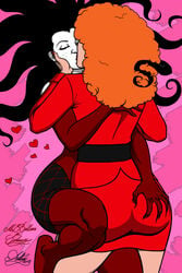 2girls ass ass_grab curly_hair elbow_gloves gloves hand_on_another's_face kaywest kissing multiple_girls powerpuff_girls red_suit redhead sara_bellum sedusa yuri