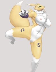 abs anthro areola arm_gloves armpits armwear bandai big_breasts black_sclera breasts digimon edit female fur fur_markings fur_tuft furry furry_only green_eyes japanese_text large_breasts leg_up mammal misago_(artist) mostly_nude naked navel nipples nude open_mouth partially_clothed pussy renamon simple_background small_areola small_nipples tail text tuft video_games vulpine white_fur yellow_fur