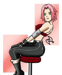 1girls female female_only green_hair jeans looking_at_viewer naruto naruto_shippuden omarsin pink_hair red_bra sakura_haruno solo