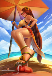 1boy 1girls auburn_hair badcompzero bare_shoulders beach blush censored clothed_female_nude_male cum cum_on_feet feet femdom hair_flower high_heels league_of_legends leona_(league_of_legends) long_hair looking_at_viewer male_pov malesub mosaic_censoring only_one_naked open_toe_shoes penis pool_party_leona pool_party_series pov sandaljob sandals shiny_skin shoejob sunflower umbrella