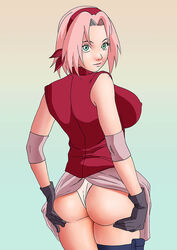 1girls ass back_view female naruto naruto_shippuden panties pink_hair sakura_haruno skirt_lift solo super_melons white_panties