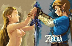 1boy 1boy1girl 1girls blonde_hair breath_of_the_wild casual clothed_male_nude_female earrings female hylian jaredofart link link_(breath_of_the_wild) long_hair male nintendo nipples nude pale_skin pointy_ears princess_zelda sword text the_legend_of_zelda tied_hair weapon zelda_(breath_of_the_wild)