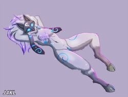 anthro breasts caprine chest_tuft female fur furry hooves j4kl kindred lamb_(league_of_legends) league_of_legends looking_at_viewer mammal markings mask nipples nude pussy riot_games sheep smile solo spread_legs spreading tuft white_fur