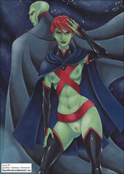 1boy 1girls adapted_costume alien alien_girl armwear bald belly belt boots breasts cape cartoon_network cloak dc dc_comics earth_16 erotic_costume erotic_earth female fire_crotch green_martian green_skin hips justice_league legs legwear m'gann_m'orzz male martian martian_manhunter megan_morse miss_martian navel nipples pubes pubic_hair pubic_tuft pussy red_eyes red_hair redhead shoes short_hair superheroine thigh_high_boots thighs vagina vp white_martian young_justice young_justice:_invasion young_justice_(cartoon)