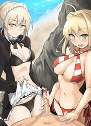 artoria_pendragon artoria_pendragon_(alter) artoria_pendragon_(swimsuit_rider_alter) beach bikini blonde_hair braid day fate/grand_order fate_(series) french_braid green_eyes handjob highres hood hoodie maid_headdress momio multiple_girls nero_claudius_(swimsuit_caster) outdoors penis skirt skirt_lift striped striped_bikini swimsuit uncensored