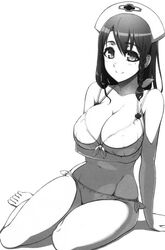 bikini bra breasts hundred kashiwagi_miharu large_breasts monochrome nurse_hat panties pointy_chin smile