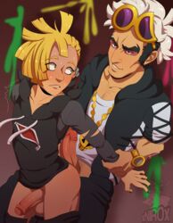 2boys age_difference blonde_hair blush body_hair boy_hair erection femboy gay gladion_(pokemon) glasses grin guzma_(pokemon) human male_focus male_only male_with_painted_nails multicolored_hair multiple_boys nintendo penis pokemon pokemon_sm restrained sweat testicles text trembling undressing watermark xnirox yaoi