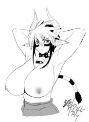 animal_ears armpits blush breasts cathyl cathyl_(monster_musume) drawn female_minotaur holstaurus horns large_breasts minotaur minotaur_female monochrome monster_girl monster_musume_no_iru_nichijou tail tattoo