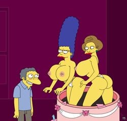 20th_century_studios accurate_art_style alternate_breast_size big_ass big_breasts breasts cake dat_ass edna_krabappel huge_breasts lipstick male marge_simpson milf moe_szyslak nano_baz nipples surprise the_simpsons yellow_body yellow_skin