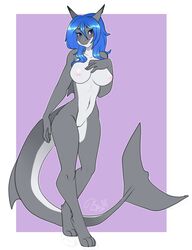 anthro breasts female fish hiddenwolf looking_at_viewer marine nipples nude pussy shark smile solo wide_hips