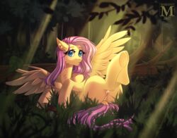 blue_eyes detailed_background equine eyelashes feathered_wings feathers female feral fluttershy_(mlp) friendship_is_magic fur grass hooves mammal margony my_little_pony outside pegasus pink_hair pussy solo wings yellow_fur