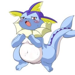 1:1 1girls 2019 3_toes alternate_color anthro anthrofied ass big_ass big_belly black_nose blue_countershading blue_fur blue_skin blush bodily_fluids breasts canine chubby countershade_tail countershade_torso countershading covering covering_breasts eeveelution eye_contact fangs feet female fin fins frill_(anatomy) half-closed_eyes hi_res looking_at_viewer membrane_(anatomy) membranous_frill mohurin navel neck_frill nintendo nude open_mouth overweight overweight_female pale_skin paws pokémon_(species) pokemon pokemon_rgby pussy red_eyes shortstack simple_background small_breasts solo standing sweat tail teeth thick_thighs toes tongue vaporeon video_games wet white_background white_countershading white_fur wide_hips