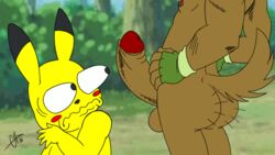 1boy 2d_animation ambiguous_gender animated anthro ass bulging_eyes canine faceless_male fur furry humanoid_penis interspecies lobozamora male mammal nintendo original_character penis pikachu pokemon tail testicles text video_games