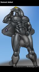 1boy 2017 abs aeromorph aircraft airplane anthro balls big_balls big_penis bulge clothing english_text f-22 green_eyes half-closed_eyes hand_on_hip jet living_aircraft living_machine looking_at_viewer machine male male_only muscular muscular_male original pecs penis precum renthedragon samuel_(renthedragon) smile solo text thong