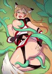 1girls animal_ears animal_tail ass blonde_hair blush breasts breasts_out female green_eyes humanoid on_side open_mouth optionaltypo stripped_by_tentacles tentacle tentacle_around_breast tentacle_between_legs tentacle_on_pussy tentacles_under_clothes undressing