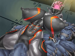 1boy arm_grab armor big_breasts breasts brunhild_(taimanin_asagi_battle_arena) bulge censored clenched_teeth creature curvy duo erect_nipples female full_armor huge_breasts huge_cock interspecies large_breasts large_insertion lilith-soft male monster muscle no_humans obui penetration penis rape reverse_cowgirl_position sex shiny shiny_clothes stomach_bulge straight taimanin_asagi taimanin_asagi_battle_arena tight_fit vaginal_penetration white_eyes