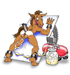 anthro anus ass backsack ball_gag balls bondage bound breast_milking cum cum_collecting dildo equine gag gagged horse invalid_tag jar lactation looking_back machine male male_only mammal orgasm penis penis_backwards penis_milking penis_tuck pump pumping sex_toy sgtklark solo
