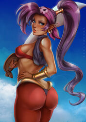 absurdres artist_name ass bandana big_ass blue_eyes bra breasts clothed clouds cowboy_shot curvy dandon_fuga dark-skinned_female dark_skin earrings eyelashes female female_only genie hand_on_hip highres holding_weapon hoop_earrings humanoid long_hair looking_back medium_breasts melee_weapon pants pinup pointy_ears ponytail purple_hair shantae shantae_(character) sideboob sky smile smooth_skin solo sports_bra standing sword tied_hair vambraces very_long_hair vest weapon