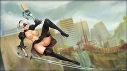 1girls absurdres areolae big_breasts blindfold bottomless_skirt breasts female female_only functionally_nude_female highres large_breasts nier nier:_automata nipples no_panties outdoors pod_(nier) pussy skirt solo thighhighs upskirt vempire yorha_2b