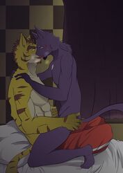 aged_up blush facial_hair feline foreplay french_kissing furry furry_only hair kissing long_hair male mammal morenatsu mutual_masturbation no_humans panting shin_(morenatsu) tiger tongue torahiko_(morenatsu) yaoi