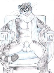 animal_genitalia balls blue_pencil cheetah feline greyscale male mammal monochrome pencil_(artwork) scarf sheath sitting sketch smile solo teeth