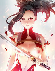 1girls areola_slip areolae artist_name asymmetrical_hair backlighting bare_shoulders belly black_hair blurry blush breast_slip breasts cleavage clothing collarbone cowboy_shot female female_only high_resolution katana large_breasts long_hair looking_at_viewer momo_yaoyorozu momo_yaoyorozu_(hero_outfit) my_hero_academia navel nipples no_bra pinkladymage ponytail red_clothes red_eyes shiny shiny_hair shiny_skin solo stomach sword tagme teeth tied_hair toned torn_clothes upper_body very_high_resolution weapon