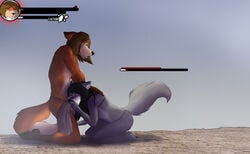 alfred_(umpherio) anthro_only canine clothing defeat duo fellatio female fox frederika_(nintendarkland) health_bar jewelry loincloth male mammal oral sex umpherio wolf