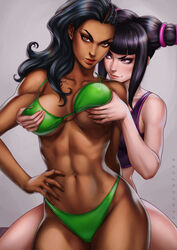 2girls abs absurdres artist_name asian asymmetrical_hair bangs bikini black_hair brazilian brazilian_female breast_fondling breasts brown_eyes capcom cornrows curvy dandon_fuga dark-skinned_female dark_skin drill_hair duo female female_only fondling green_bikini groping hand_on_hip highres human interracial juri_han large_breasts latina laura_matsuda lipstick long_hair looking_at_another looking_at_viewer multiple_girls navel nipple_bulge pink_eyes red_lipstick seductive sidelocks smile smirk sports_bra street_fighter street_fighter_v toned twin_drills wavy_hair yuri