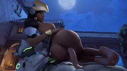 1boy 1girls 3d animated areolae arhoangel ass barefoot breasts dark-skinned_female dark_skin dorado_(map) feet female genji male nipples no_sound overwatch penis pharah sex source_filmmaker straight video