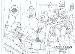 2boys 2girls abs ahe_gao anal anal_sex balls bandages bed big_breasts breasts canine dialog english_text female hatake_kakashi hospital hospital_bed ino_yamanaka line_art male mask monochrome multiple_boys multiple_girls naruto nipples nurse nurse_outfit penis pussy sakura_haruno sex speech_bubble straight tabe-chan text vagina zoophilia