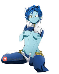 1girls awata_kaoruko belly_button blue_hair blue_skin breasts breasts_out bubble_girl clothes felipe_godoy female female_only gloves green_eyes hero_outfit_(mha) kaoruko_awata looking_at_viewer my_hero_academia nipples pants short_hair shorts simple_background smile solo solo_female white_background