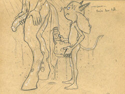 anthro ass balls barefoot big_ears changeling dialogue dripping duo english_text equine faceless_male half-erect holding_penis horn imp looking_up male mammal medial_ring monochrome my_little_pony nude pencil_(artwork) penis piercing showering side_view soap spade_tail sponge standing text traditional_media_(artwork) tush tush_(character) unsure water yaoi