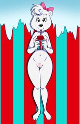 2017 anthro areola bear beverage bow breasts eyelashes female fur furry furry_only hair_tuft icee lonbluewolf looking_at_viewer mammal naked nude pattern_background pussy simple_background striped_background tasteful_nudity white_fur wide_hips