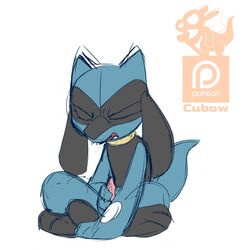 1boy 2017 black_fur blue_fur canine closed_eyes cubow erection furry luca_(character) male male_only masturbation nintendo open_mouth original_character paws penis pokemon pokemon_dppt riolu simple_background solo text video_games white_background