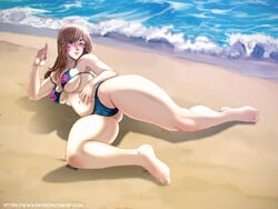 1girls beach bikini breasts brown_hair cleavage d.va female female_only ittoryu24 long_hair looking_at_viewer lying on_side overwatch solo