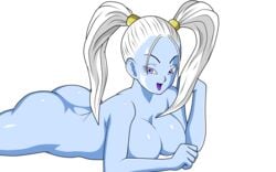 1girls angel angel_(dragon_ball) ass big_ass big_breasts blue_skin breasts cleavage dannyjs611 dragon_ball dragon_ball_super eyelashes female female_only highres large_breasts lavender_eyes long_hair looking_at_viewer lying marcarita nude on_stomach open_mouth shiny_skin shounen_jump smile solo tied_hair tongue transparent_background twintails white_hair