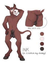 alternate_species animal_genitalia anthro anus backsack balls color_swatch donkey english_text equine fully_sheathed ink_(lock-wolf) lock-wolf mammal model_sheet navel nude perineum rubbing_head sheath slim solo standing text