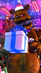 2022 animatronic bear big_fangs bow_tie bowtie christmas christmas_headwear claws exposed_endoskeleton fangs fangs_out finger_claws five_nights_at_freddy's five_nights_at_freddy's_4 gift gift_box gumboochie headgear headwear huge_balls huge_testicles hyper_balls hyper_testicles ingame_model looking_at_viewer machine male male_only nightmare_fredbear_(fnaf) robot scottgames sharp_claws sharp_teeth solo stomach_mouth ursid withered