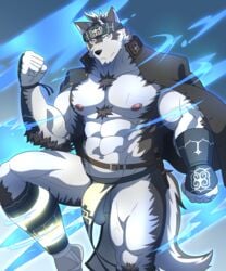 2017 abs anthro areola biceps big_biceps big_muscles big_pecs biped black_fur black_hair black_nose brown_eyes bulge canine cheek_tuft chest_tuft claws clothed clothing elbow_tufts flaccid fur fur_tuft hair hair_tuft headband horkeukamui humanoid_hands keijimohumohu knee_tuft loincloth male male_only mammal manly multicolored_fur multicolored_hair muscular muscular_male navel neck_tuft nipples pecs penis serious shaded short_hair snout solo thick_thighs tokyo_afterschool_summoners topless triceps tuft two_tone_fur two_tone_hair white_claws wolf