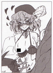 blush bra breasts censored feathers fins hat head_fin heart kenkou_cross mermaid merrow_(monster_girl_encyclopedia) monochrome monster_girl monster_girl_encyclopedia short_hair smile