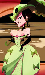 1girls 2016 adult_swim areolae bare_shoulders big_breasts black_eyes black_hair breasts cartoon_network color dress earrings elbow_gloves erect_nipples eyebrows eyelashes female female_only hair hat highres huge_breasts human josephine_clench large_breasts lips lipstick looking_at_viewer nipples no_bra nose samurai_jack shiny shiny_skin smile solo standing thehumancopier