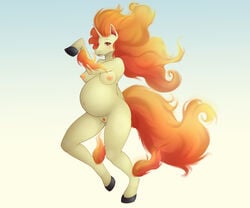 1girls allymoodyneko anthro anthrofied areola areolae belly big_belly big_tail blush breasts equine erect_nipples eyelashes feet female female_only fire furry hooves horn horse looking_at_viewer mammal navel nintendo nipples open_mouth pokemon pregnant pubic_hair pussy rapidash ready_to_pop red_eyes smile solo standing tail unicorn video_games white_fur