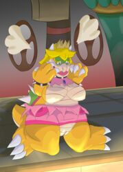 1girls anthro blue_eyes breasts claws crown dress dustyerror fat female female_only horn indoors koopa lipstick makeup mario_(series) nintendo nipples nude open_mouth overweight princess_koopa princess_peach pussy scalie slightly_chubby solo torn_clothes transformation wariza