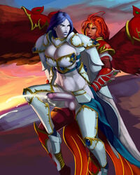 2girls aka6 akroma armor blue_hair blue_hair_bottom blue_skin breasts cum domination futa_on_futa futanari intersex light_hair_on_dark_hair magic_the_gathering penis red_hair red_hair_on_blue_hair red_hair_top stomach_bulge tagme wings