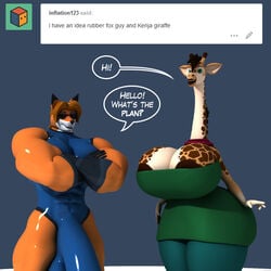 3d anthro anthroanim areola balls big_breasts breasts canine dialogue duo english_text female fox fur furry giraffe huge_breasts hyper hyper_penis kenja_giraffe looking_at_viewer mammal muscular nude open_mouth penis rubber_fox_guy simple_background smile speech_bubble standing text wide_hips