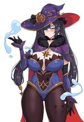 1girls black_hair blush clothing drogod_(artist) female female_only genshin_impact green_eyes hi_res long_hair looking_at_viewer mona_(genshin_impact) narrowed_eyes pantyhose solo solo_female thick_thighs twintails water water_manipulation white_background witch_hat