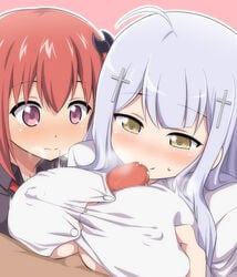 1boy 2girls big_breasts blush breasts cross_hair_ornament erect_nipples erect_nipples_under_clothes gabriel_dropout kurumizawa_satanichia_mcdowell large_breasts light_blue_hair multiple_girls paizuri paizuri_under_clothes penis pink_eyes precum red_hair shiraha_raphiel_ainsworth shirai_momota yellow_eyes