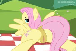 2017 animal_genitalia animal_pussy anus blue_eyes blush clitoral_winking clitoris cutie_mark equine equine_pussy female feral flower fluttershy_(mlp) friendship_is_magic grass hair hi_res looking_at_viewer looking_back lying mammal my_little_pony on_front outside pegasus pink_hair plant presenting presenting_anus presenting_pussy pussy shutterflyeqd solo spread_legs spreading wings